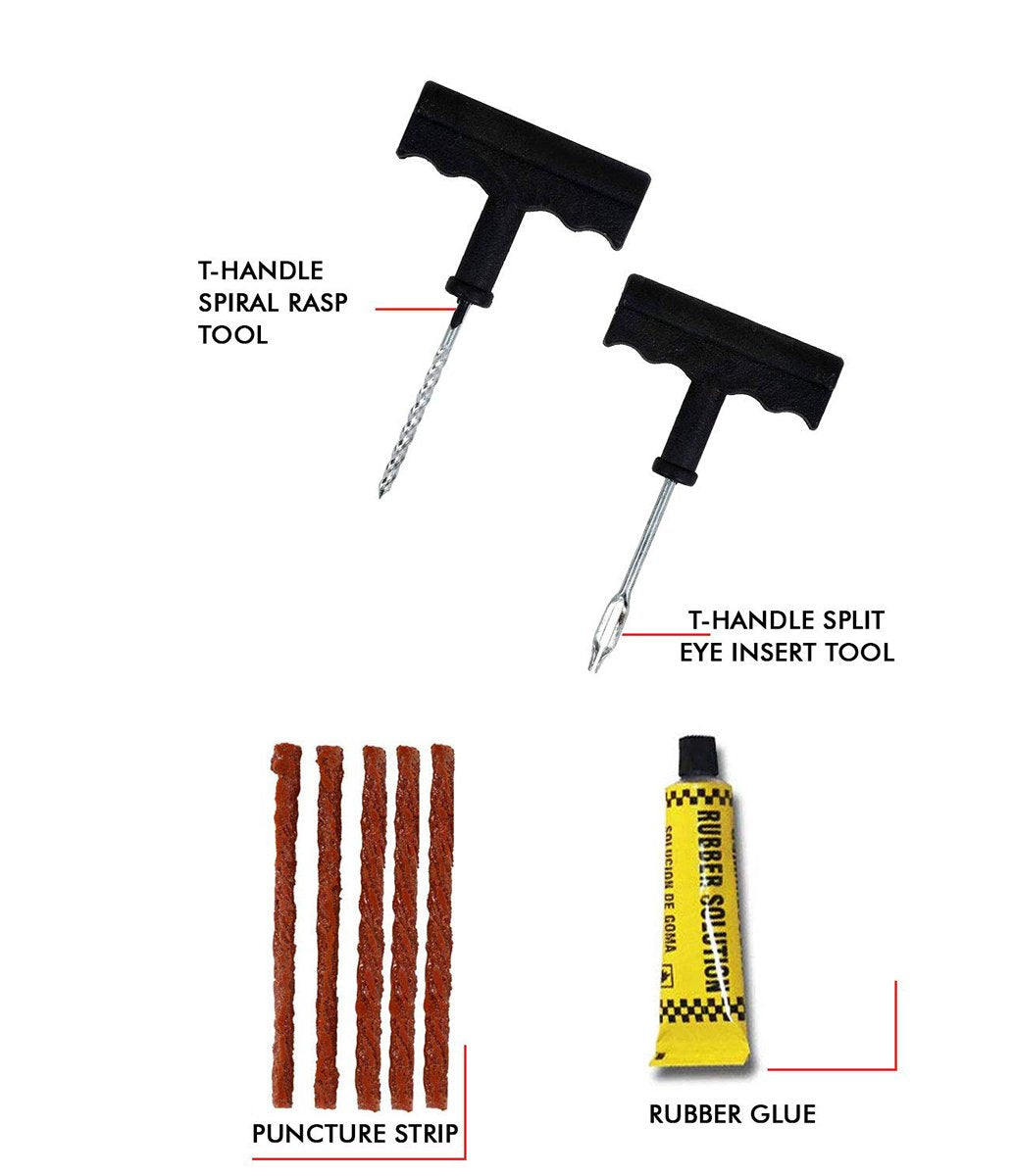 Puncture Repair Kit Tubeless Tyre Full Set With Nose Pliers Rubber Cement And Extra Strips For Cars Bikes