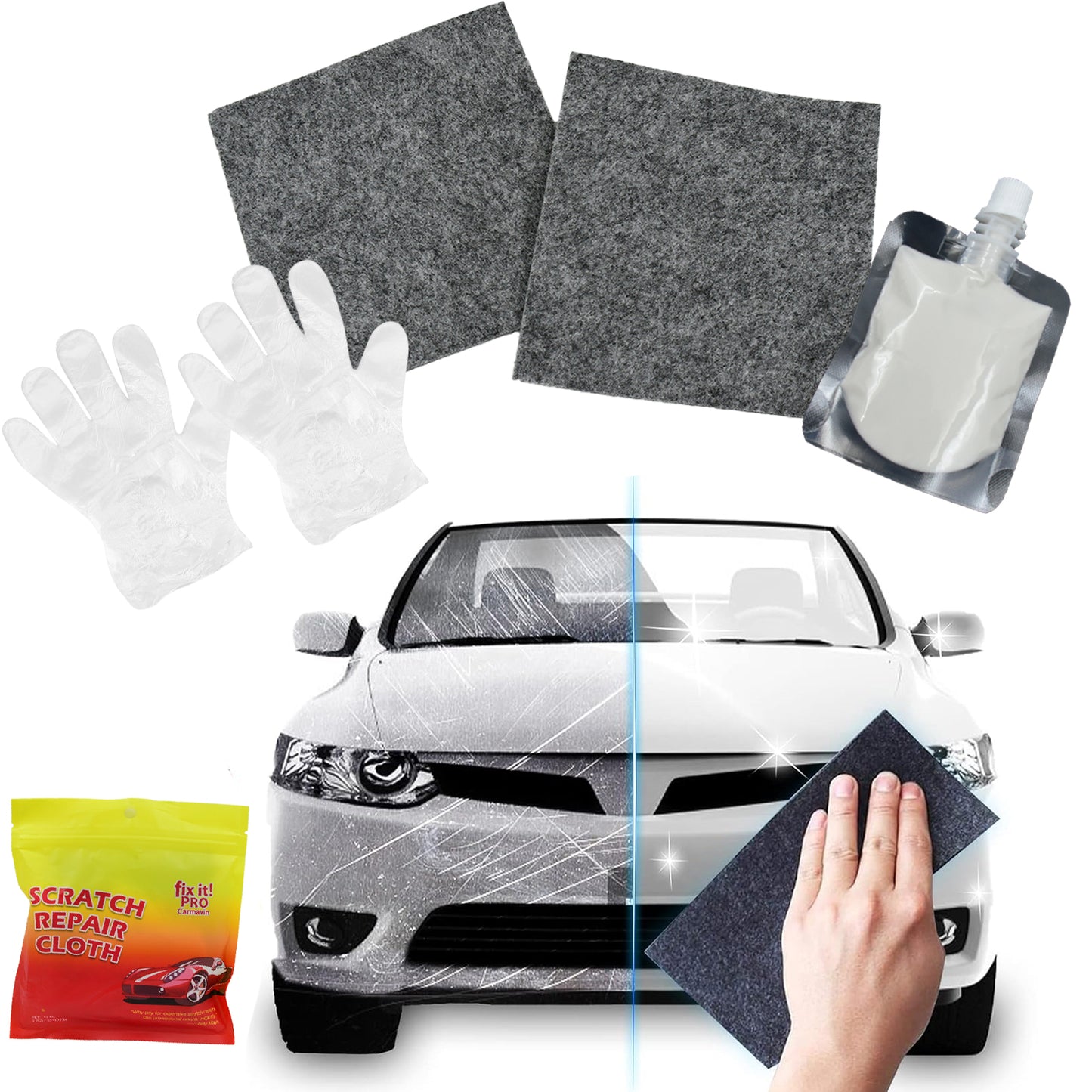 Nano Magic Car Scratch Remover Cloth Multipurpose Scratch Repair Cloth Cloth For Car Paint Scratch Repair Easy To Repair Slight Scratches On The Surface Polishing Repeatable Use For All Kinds Of Car (45 Ml Repair Solution 2 Gloves 2 Nano Cloth)