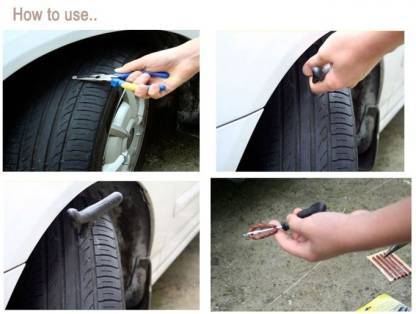 Puncture Repair Kit Tubeless Tyre Full Set With Nose Pliers Rubber Cement And Extra Strips For Cars Bikes