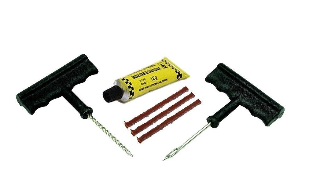 Puncture Repair Kit Tubeless Tyre Full Set With Nose Pliers Rubber Cement And Extra Strips For Cars Bikes