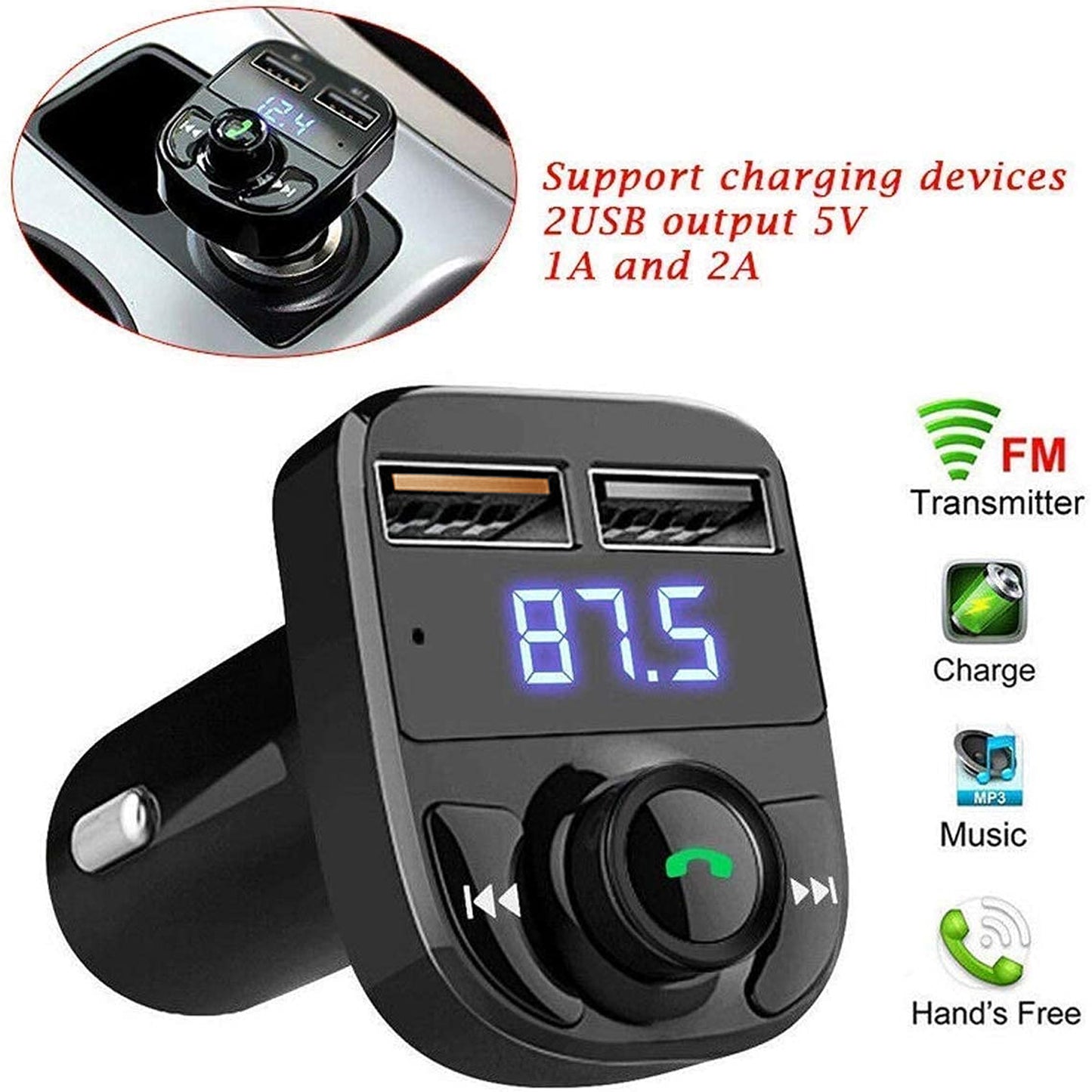 Car-x8 Bluetooth Fm Transmitter Kit For Hands-free Call Receiver  Music Player  Call Receiver  Fast Mobile Charger Ports For All Smartphoneswith 3.1a Quick Charge Dual Usb Car Charger