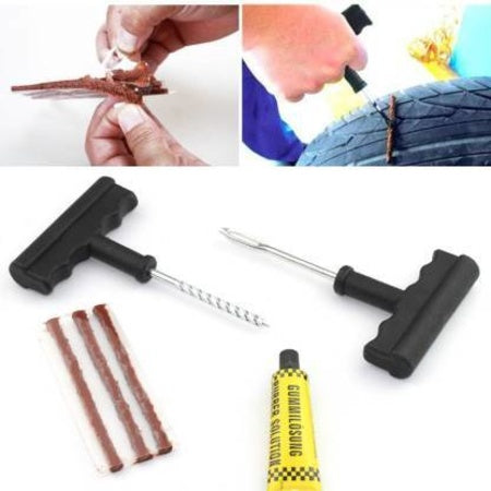 Puncture Repair Kit Tubeless Tyre Full Set With Nose Pliers Rubber Cement And Extra Strips For Cars Bikes