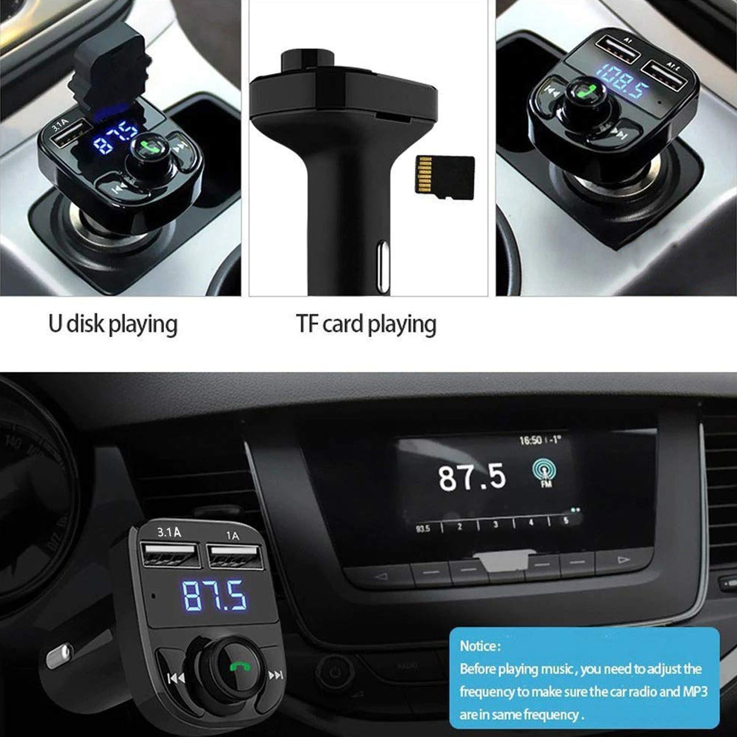 Car-x8 Bluetooth Fm Transmitter Kit For Hands-free Call Receiver  Music Player  Call Receiver  Fast Mobile Charger Ports For All Smartphoneswith 3.1a Quick Charge Dual Usb Car Charger