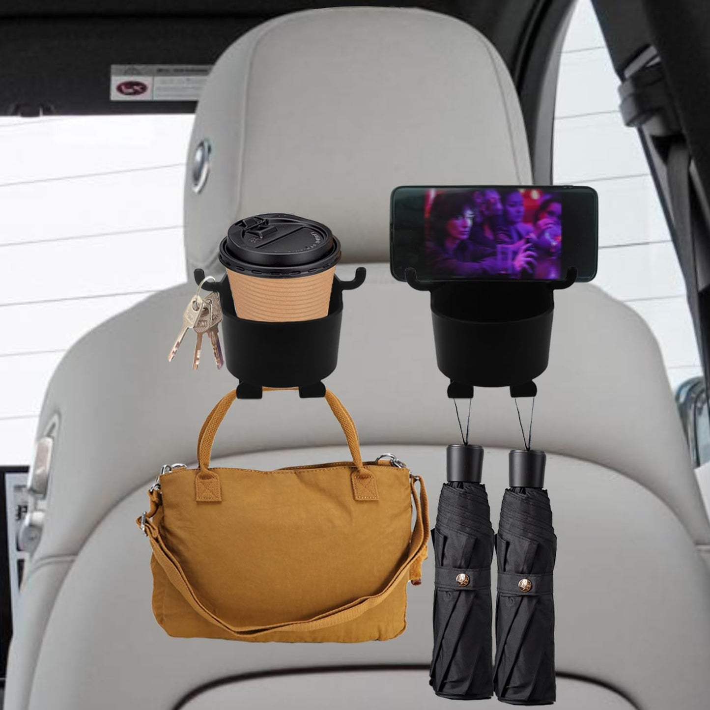 Car Headrest Backseat Organizer 3 In 1 Automotive Cell Phone Drink Cupholder Adapter With Headrest Hooks For Kids And Adults Multifunctional Storage For Car Travel Accessories